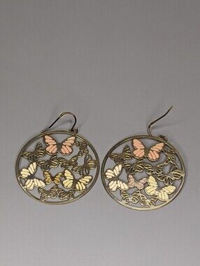 Antique Gold Tone Butterfly Enamel Earrings Pink Cream Boho Y2K Jewelry Dangle